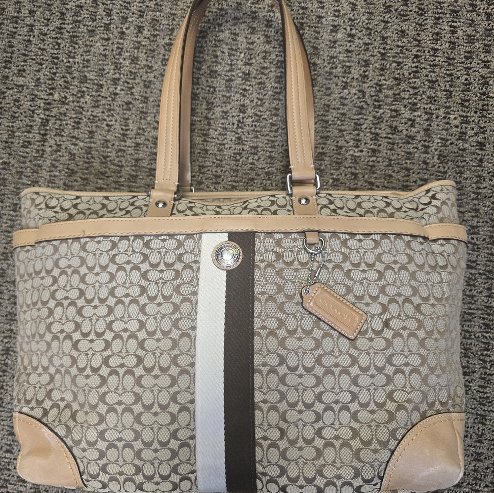 Coach Beige and Black Signature Voyager Diaper/Tote Bag ~ F13813